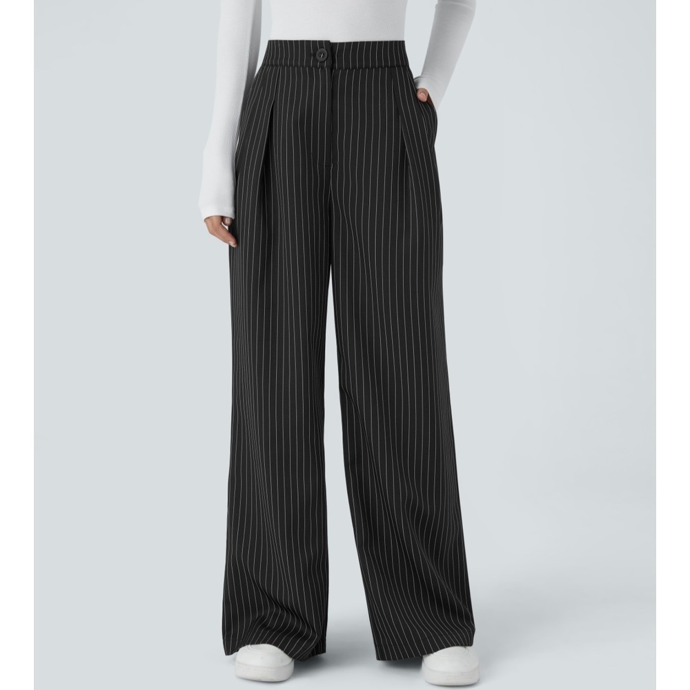 Halara High Waisted Pinstripe Wide Leg Baggy Work Pants Black White Large NWT